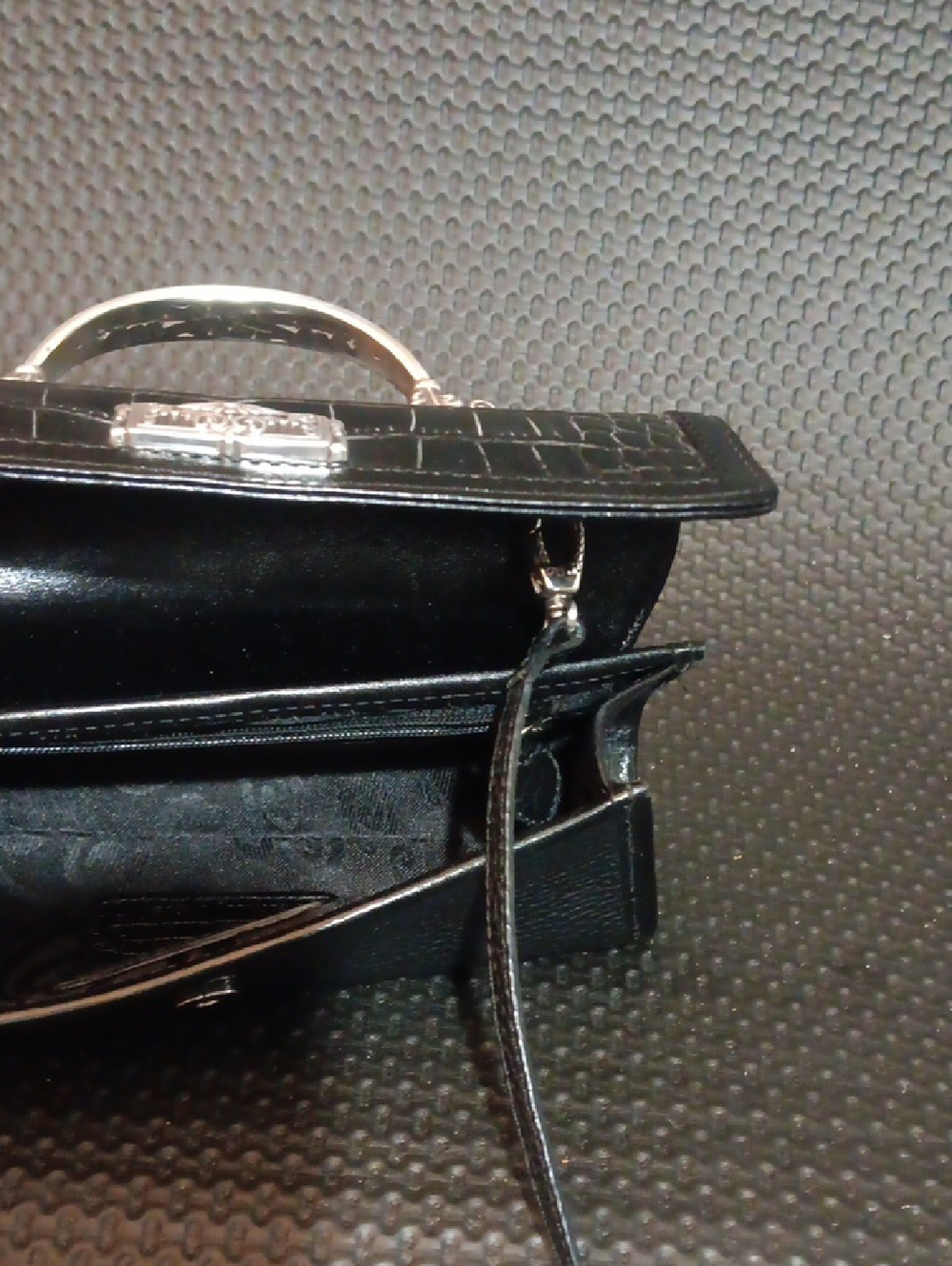 Black Croc-Embossed Leather Shoulder Bag with Silver Hardware - Picture 4 of 7